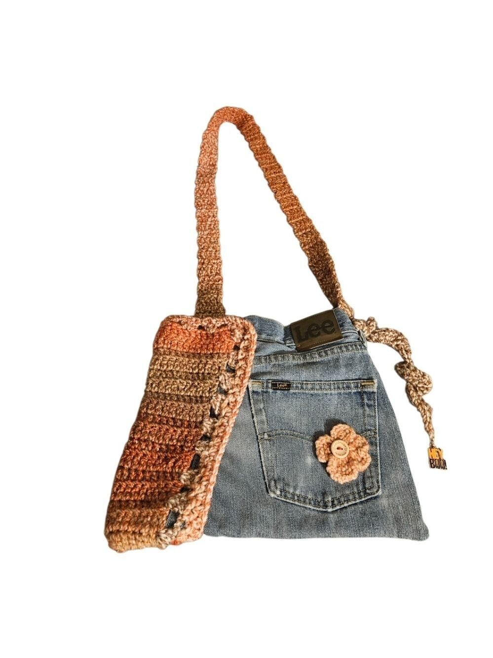 Handmade Upcycled Denim Crochet Crossbody Bag Eco Friendly Fall Purse - Picture 4 of 17
